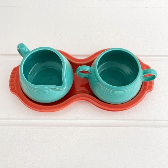 Fiesta Fiestaware Persimmon Figure 8 Tray With Turquoise Cream & Sugar Bowls - Picture 2 of 9